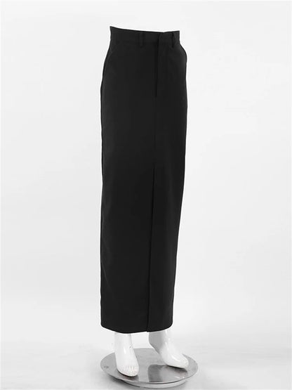 Falda larga negra para mujer, estilo casual, de cintura alta, ajustada, con abertura, básica y recta