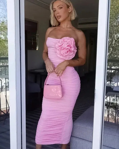 Bodycon Flower Dress Women Off Shoulder Folds Sexy Backless Sheath Dress Femme Beach Casual Holiday Evening Dress Woman