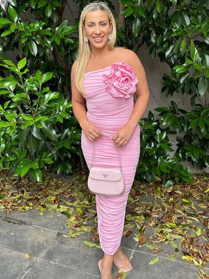 Bodycon Flower Dress Women Off Shoulder Folds Sexy Backless Sheath Dress Femme Beach Casual Holiday Evening Dress Woman