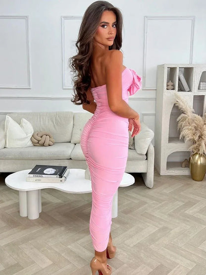 Bodycon Flower Dress Women Off Shoulder Folds Sexy Backless Sheath Dress Femme Beach Casual Holiday Evening Dress Woman