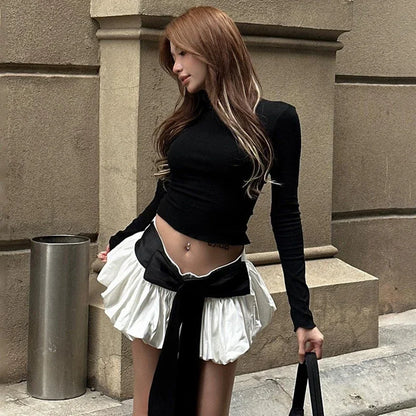 Conjuntos de falda con lazo para mujer, blusa sexy con espalda descubierta y cordones, minifaldas con pliegues a la moda, trajes de 2 piezas para mujer.