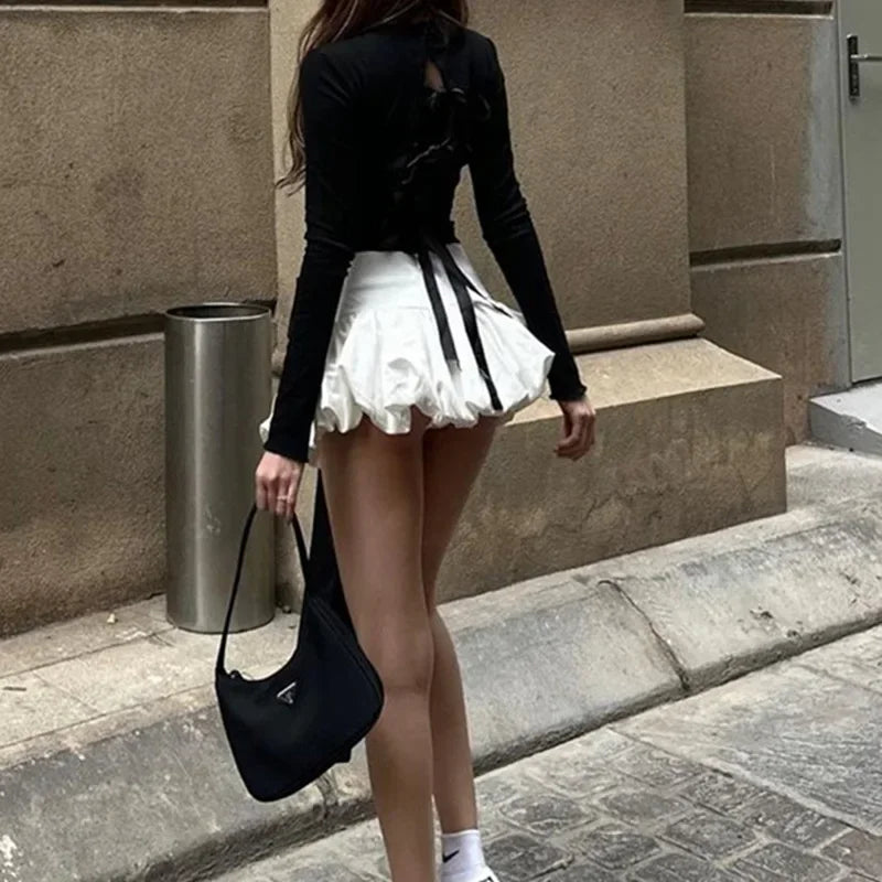 Conjuntos de falda con lazo para mujer, blusa sexy con espalda descubierta y cordones, minifaldas con pliegues a la moda, trajes de 2 piezas para mujer.