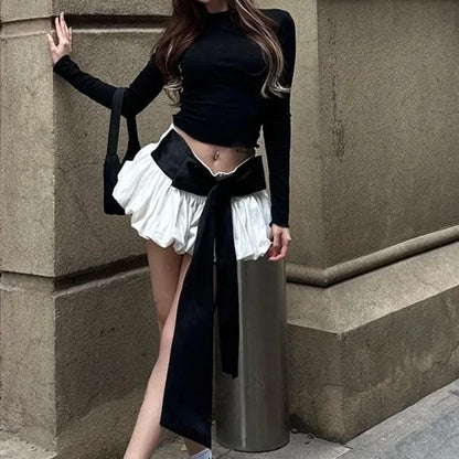 Conjuntos de falda con lazo para mujer, blusa sexy con espalda descubierta y cordones, minifaldas con pliegues a la moda, trajes de 2 piezas para mujer.