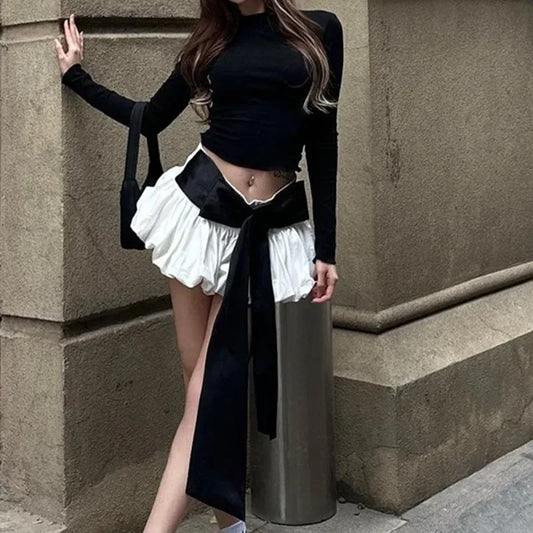 Conjuntos de falda con lazo para mujer, blusa sexy con espalda descubierta y cordones, minifaldas con pliegues a la moda, trajes de 2 piezas para mujer.