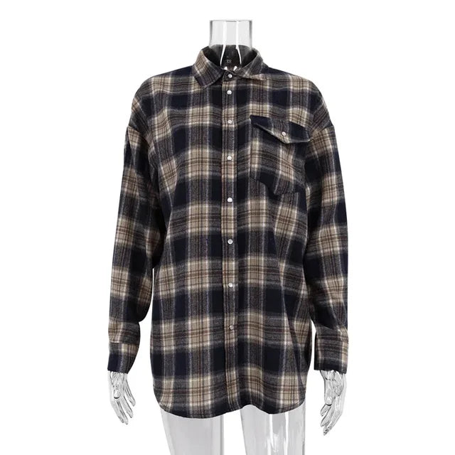 Blusa retro informal para mujer, moda Otoño Invierno 2025, camisas largas holgadas, cárdigan básico a cuadros para mujer, ropa de calle para mujer