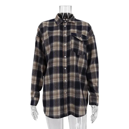 Blusa retro informal para mujer, moda Otoño Invierno 2025, camisas largas holgadas, cárdigan básico a cuadros para mujer, ropa de calle para mujer