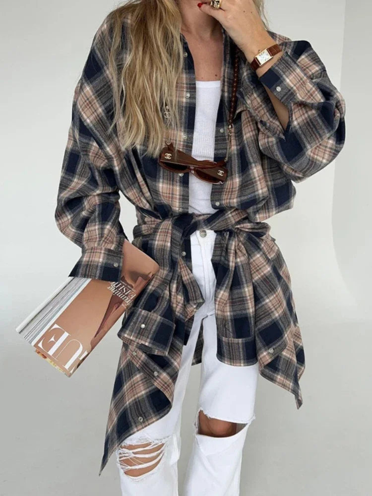 Blusa retro informal para mujer, moda Otoño Invierno 2025, camisas largas holgadas, cárdigan básico a cuadros para mujer, ropa de calle para mujer