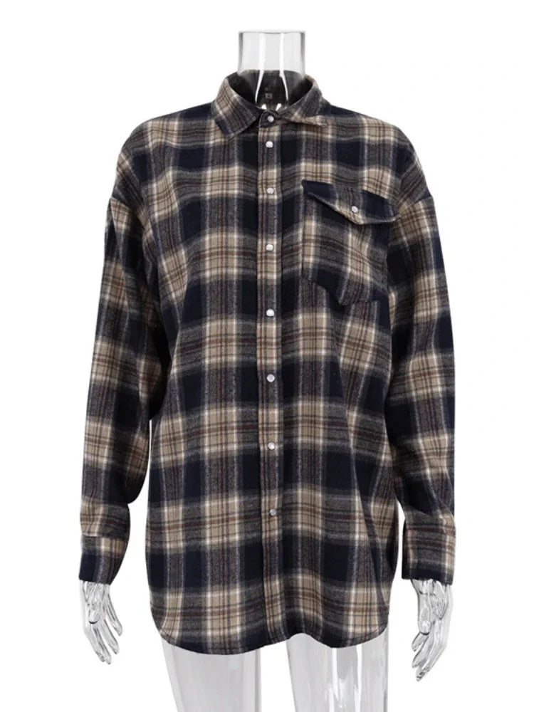 Blusa retro informal para mujer, moda Otoño Invierno 2025, camisas largas holgadas, cárdigan básico a cuadros para mujer, ropa de calle para mujer