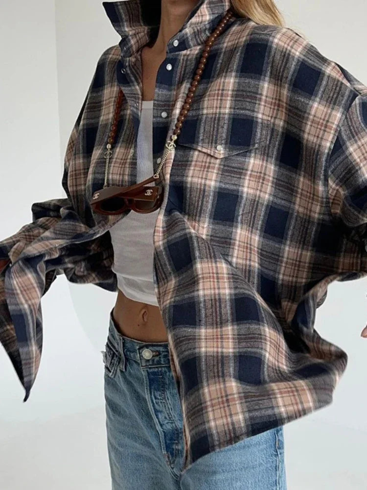 Blusa retro informal para mujer, moda Otoño Invierno 2025, camisas largas holgadas, cárdigan básico a cuadros para mujer, ropa de calle para mujer