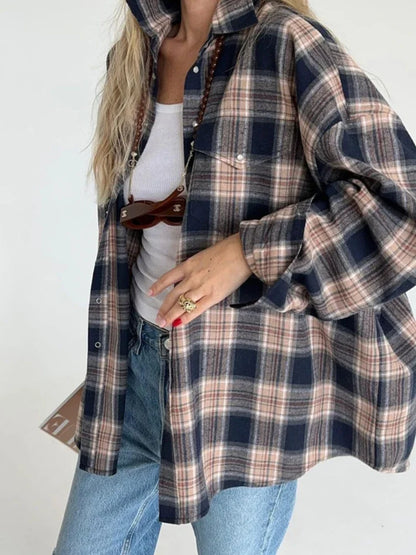 Blusa retro informal para mujer, moda Otoño Invierno 2025, camisas largas holgadas, cárdigan básico a cuadros para mujer, ropa de calle para mujer