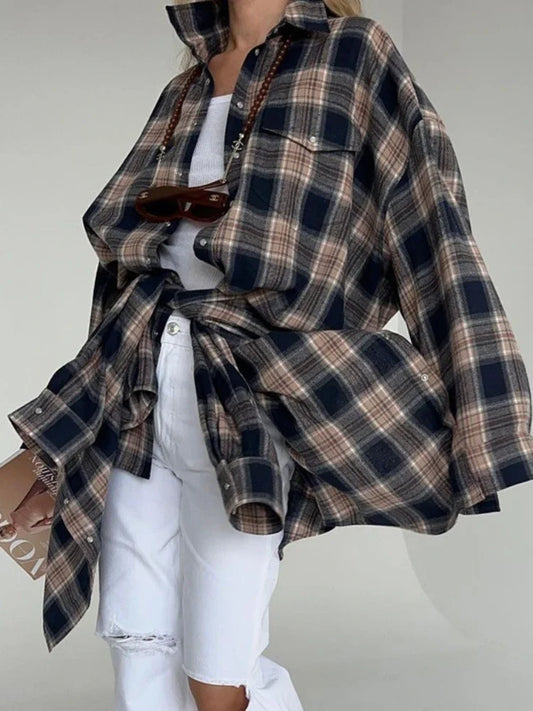 Blusa retro informal para mujer, moda Otoño Invierno 2025, camisas largas holgadas, cárdigan básico a cuadros para mujer, ropa de calle para mujer