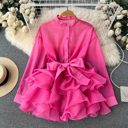 Chiffon Dress For Women 2025 Bandage Ruffle Splice Mesh Long Sleeve Cover-up Woman Beach Sexy Bow Oversized Dresses Femme