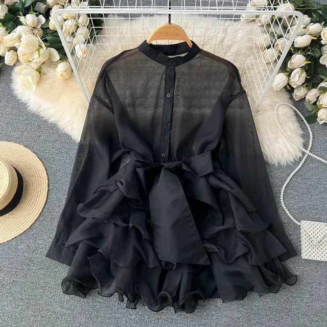 Chiffon Dress For Women 2025 Bandage Ruffle Splice Mesh Long Sleeve Cover-up Woman Beach Sexy Bow Oversized Dresses Femme