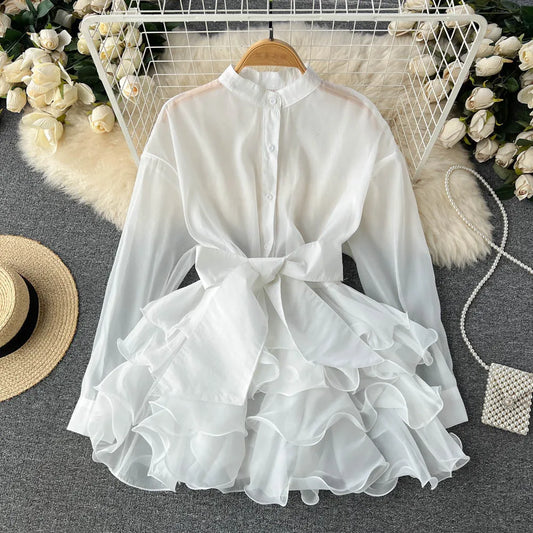 Vestido de gasa para mujer 2025, con volantes, malla de empalme, manga larga, para playa, sexy, con lazo, de gran tamaño.