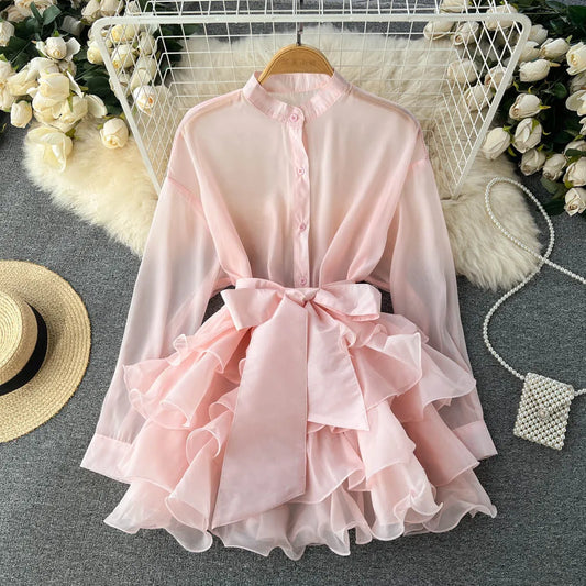 Vestido de gasa para mujer 2025, con volantes, malla de empalme, manga larga, para playa, sexy, con lazo, de gran tamaño.