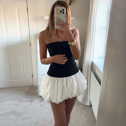 Contrast Color Mini Folds Dress For Women Strapless Sexy Slim Sleeveless Ruched Splice Y2K Beach Female Club Party Dress