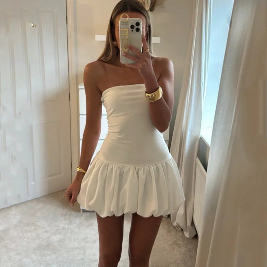 Contrast Color Mini Folds Dress For Women Strapless Sexy Slim Sleeveless Ruched Splice Y2K Beach Female Club Party Dress