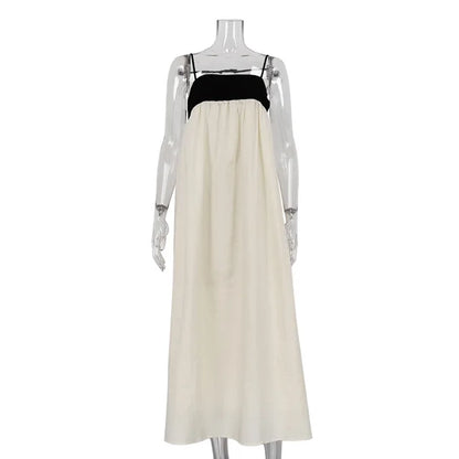 Contrast Color Suspender Dress Women’s Fashion Sexy Backless Long Ball Gown Dress Sleeveless Loose Female Holiday Clothes