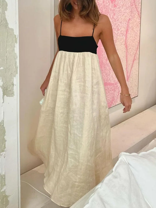 Contrast Color Suspender Dress Women’s Fashion Sexy Backless Long Ball Gown Dress Sleeveless Loose Female Holiday Clothes