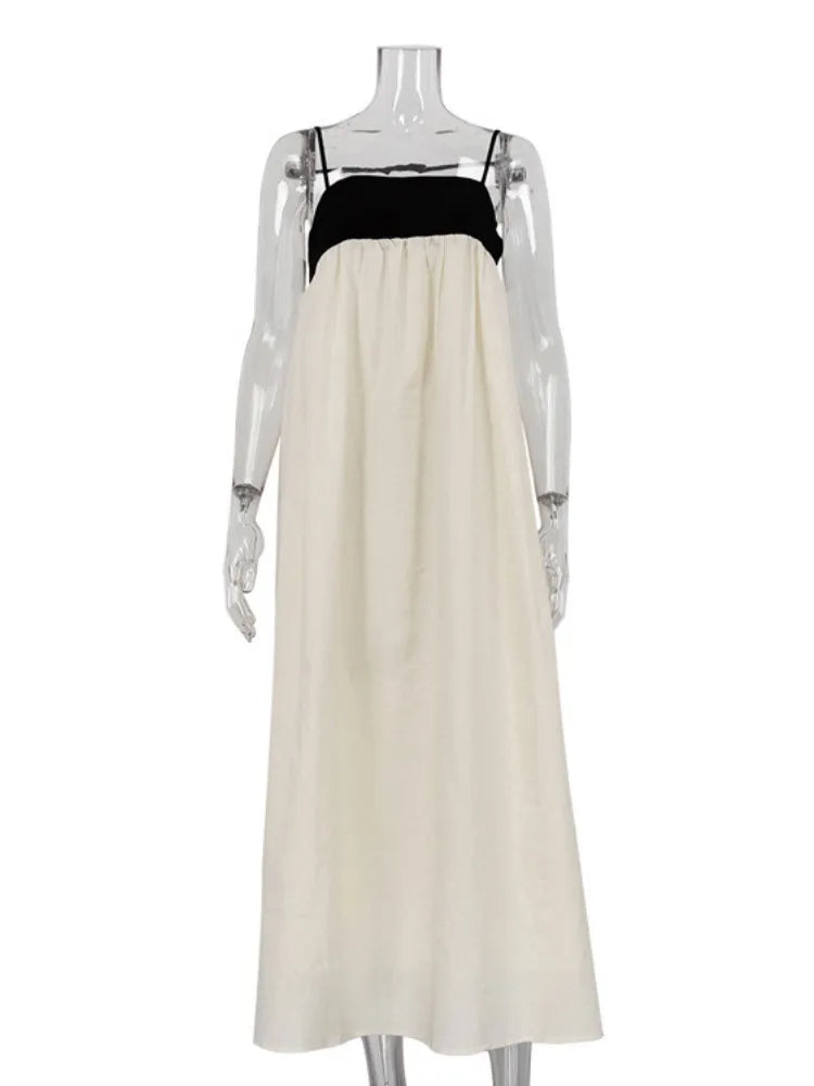 Contrast Color Suspender Dress Women’s Fashion Sexy Backless Long Ball Gown Dress Sleeveless Loose Female Holiday Clothes