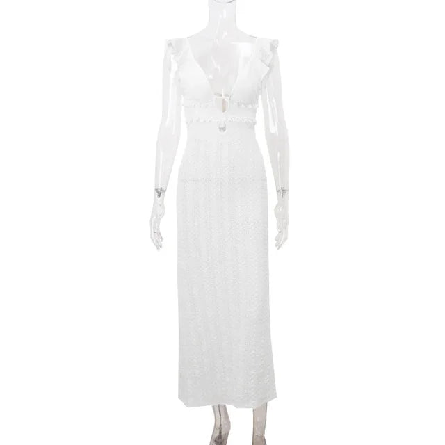 Vestido sexy con escote en V profundo para mujer, sin mangas, ajustado, de cintura alta, largo, elegante, de punto, para playa y vacaciones, 2025