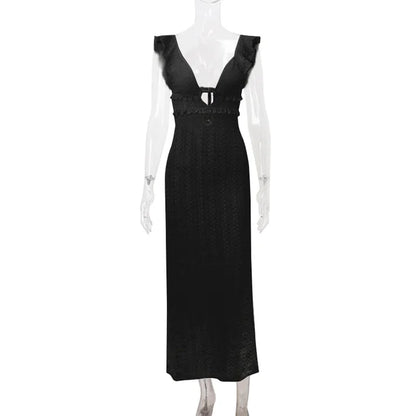 Vestido sexy con escote en V profundo para mujer, sin mangas, ajustado, de cintura alta, largo, elegante, de punto, para playa y vacaciones, 2025