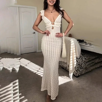 Vestido sexy con escote en V profundo para mujer, sin mangas, ajustado, de cintura alta, largo, elegante, de punto, para playa y vacaciones, 2025