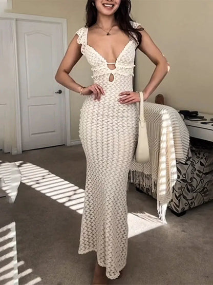 Vestido sexy con escote en V profundo para mujer, sin mangas, ajustado, de cintura alta, largo, elegante, de punto, para playa y vacaciones, 2025