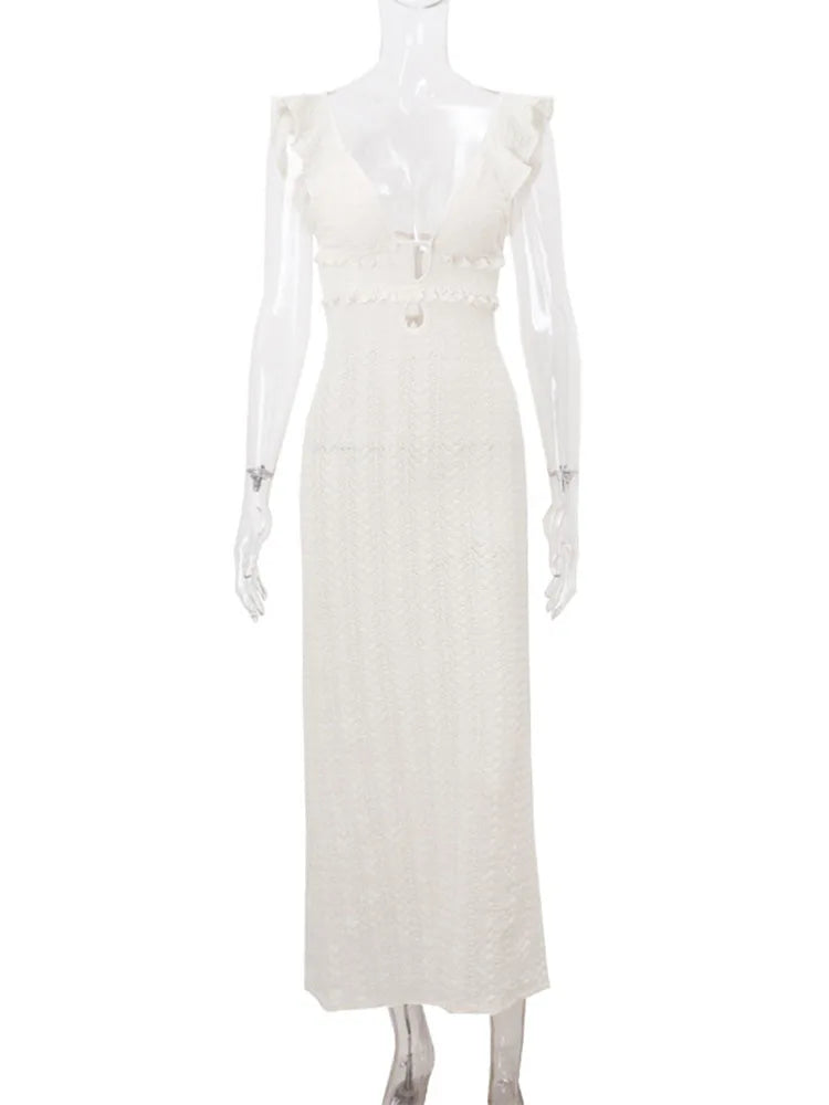 Vestido sexy con escote en V profundo para mujer, sin mangas, ajustado, de cintura alta, largo, elegante, de punto, para playa y vacaciones, 2025