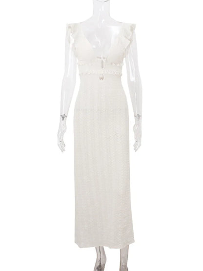 Vestido sexy con escote en V profundo para mujer, sin mangas, ajustado, de cintura alta, largo, elegante, de punto, para playa y vacaciones, 2025