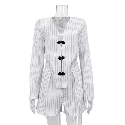 Designer Women’s Striped Set Casual Oversized Blazer Two Pieces Set For Women Pullover Long Sleeve Shirt Tops And Shorts