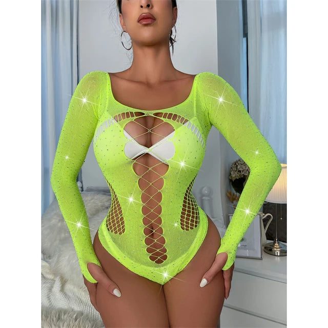 Body sin mangas con diamantes, lencería sexy para mujer, top con escote en V profundo y encaje calado, ropa de fiesta brillante