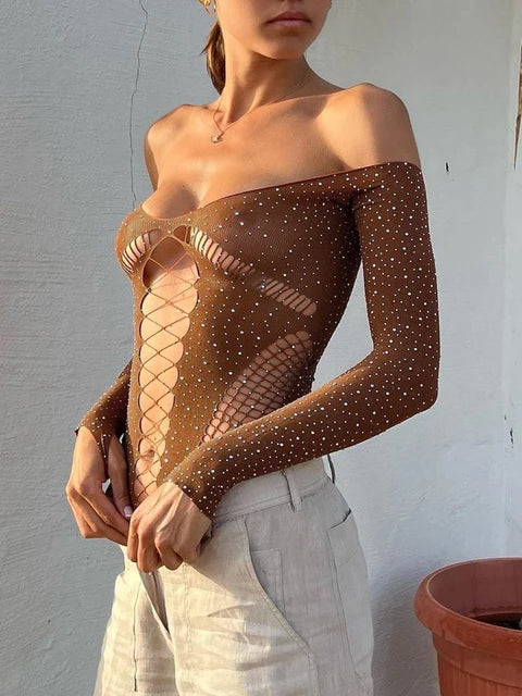 Body sin mangas con diamantes, lencería sexy para mujer, top con escote en V profundo y encaje calado, ropa de fiesta brillante