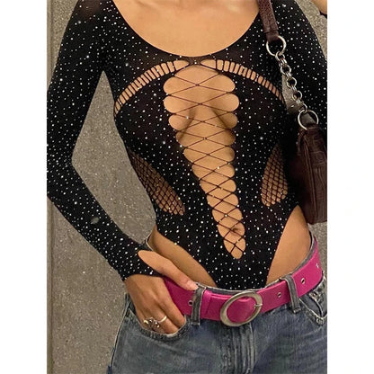 Body sin mangas con diamantes, lencería sexy para mujer, top con escote en V profundo y encaje calado, ropa de fiesta brillante
