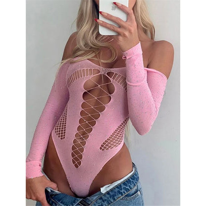 Body sin mangas con diamantes, lencería sexy para mujer, top con escote en V profundo y encaje calado, ropa de fiesta brillante