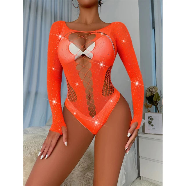 Body sin mangas con diamantes, lencería sexy para mujer, top con escote en V profundo y encaje calado, ropa de fiesta brillante