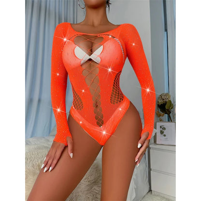 Body sin mangas con diamantes, lencería sexy para mujer, top con escote en V profundo y encaje calado, ropa de fiesta brillante