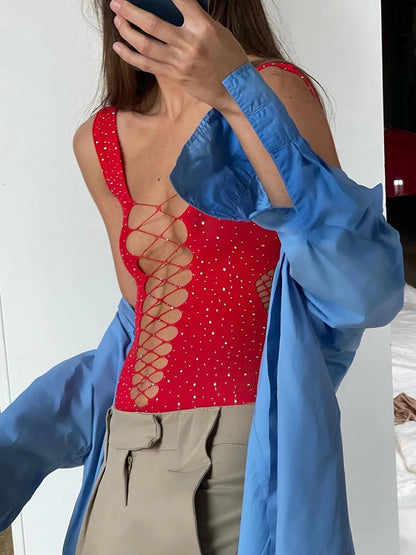 Body sin mangas con diamantes, lencería sexy para mujer, top con escote en V profundo y encaje calado, ropa de fiesta brillante