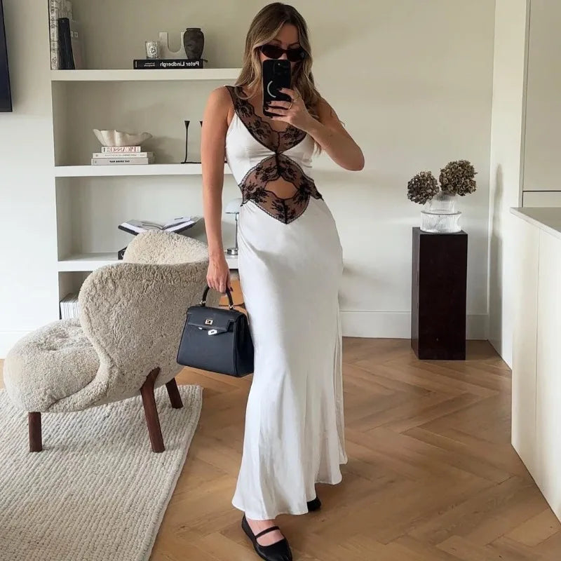 Elegant Lace Backless Hollow Maxi Dress For Women V Neck Patchwork Fashion Print High Waist Party Dress Female Long Dress