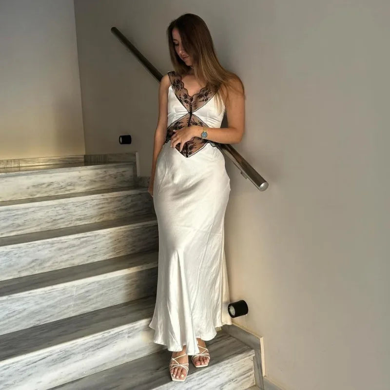 Elegant Lace Backless Hollow Maxi Dress For Women V Neck Patchwork Fashion Print High Waist Party Dress Female Long Dress