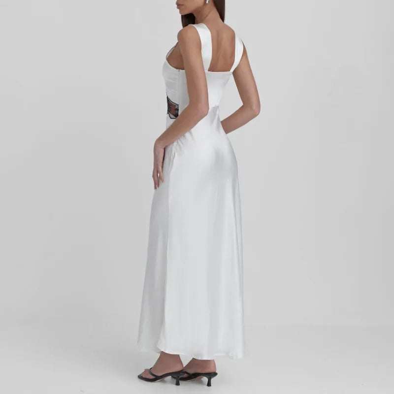 Elegant Lace Backless Hollow Maxi Dress For Women V Neck Patchwork Fashion Print High Waist Party Dress Female Long Dress