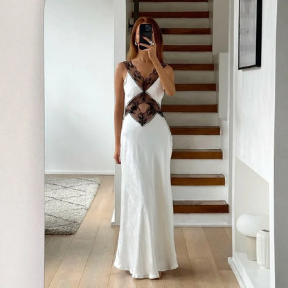 Elegant Lace Backless Hollow Maxi Dress For Women V Neck Patchwork Fashion Print High Waist Party Dress Female Long Dress