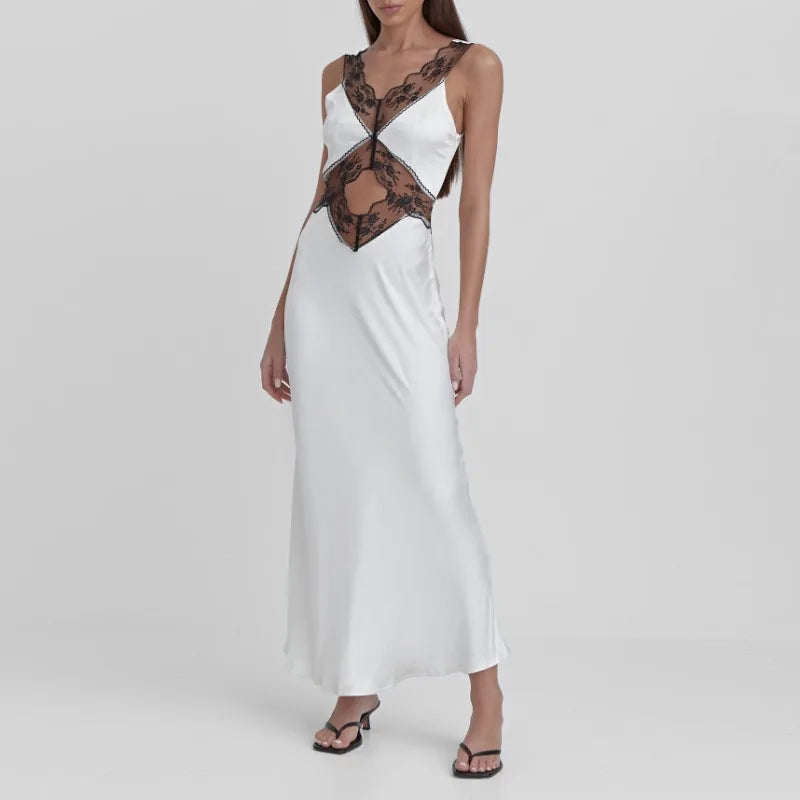 Elegant Lace Backless Hollow Maxi Dress For Women V Neck Patchwork Fashion Print High Waist Party Dress Female Long Dress
