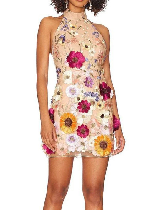 Embroidery 3D Flower Bodycon Dress For Women Summer Sleeveless Backless Mini Dresses Temperament Slim Vestidos De Mujer