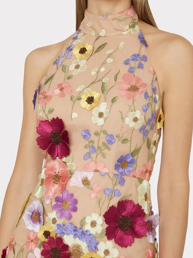 Embroidery 3D Flower Bodycon Dress For Women Summer Sleeveless Backless Mini Dresses Temperament Slim Vestidos De Mujer