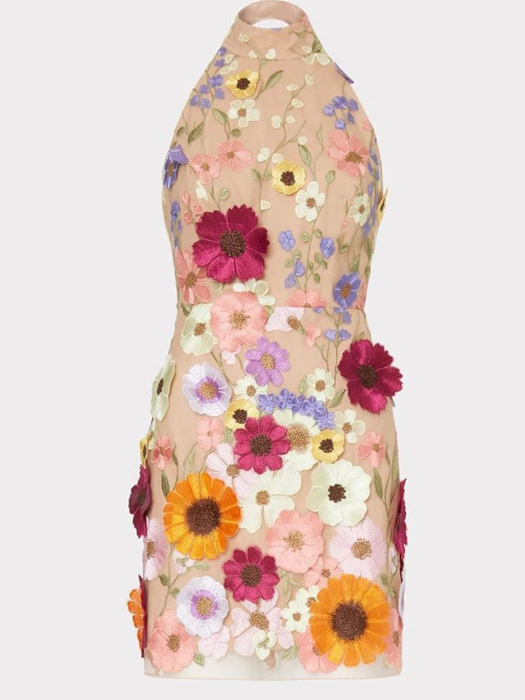 Embroidery 3D Flower Bodycon Dress For Women Summer Sleeveless Backless Mini Dresses Temperament Slim Vestidos De Mujer