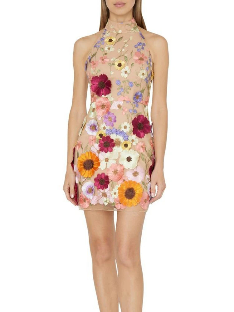 Embroidery 3D Flower Bodycon Dress For Women Summer Sleeveless Backless Mini Dresses Temperament Slim Vestidos De Mujer