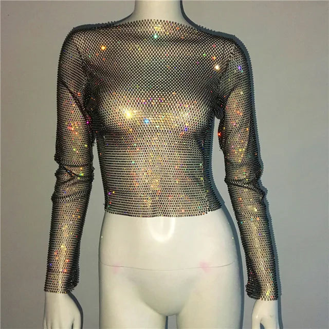 Tops brillantes para fiesta de noche en club para mujer, conjuntos de top corto con diamantes, accesorios Y2K, tops de red con purpurina y agujeros