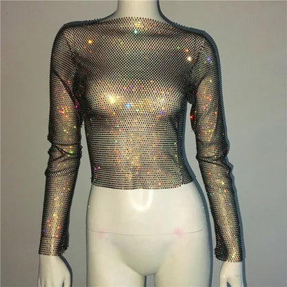 Tops brillantes para fiesta de noche en club para mujer, conjuntos de top corto con diamantes, accesorios Y2K, tops de red con purpurina y agujeros