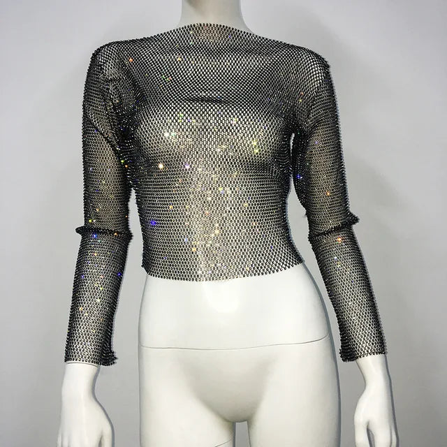 Tops brillantes para fiesta de noche en club para mujer, conjuntos de top corto con diamantes, accesorios Y2K, tops de red con purpurina y agujeros